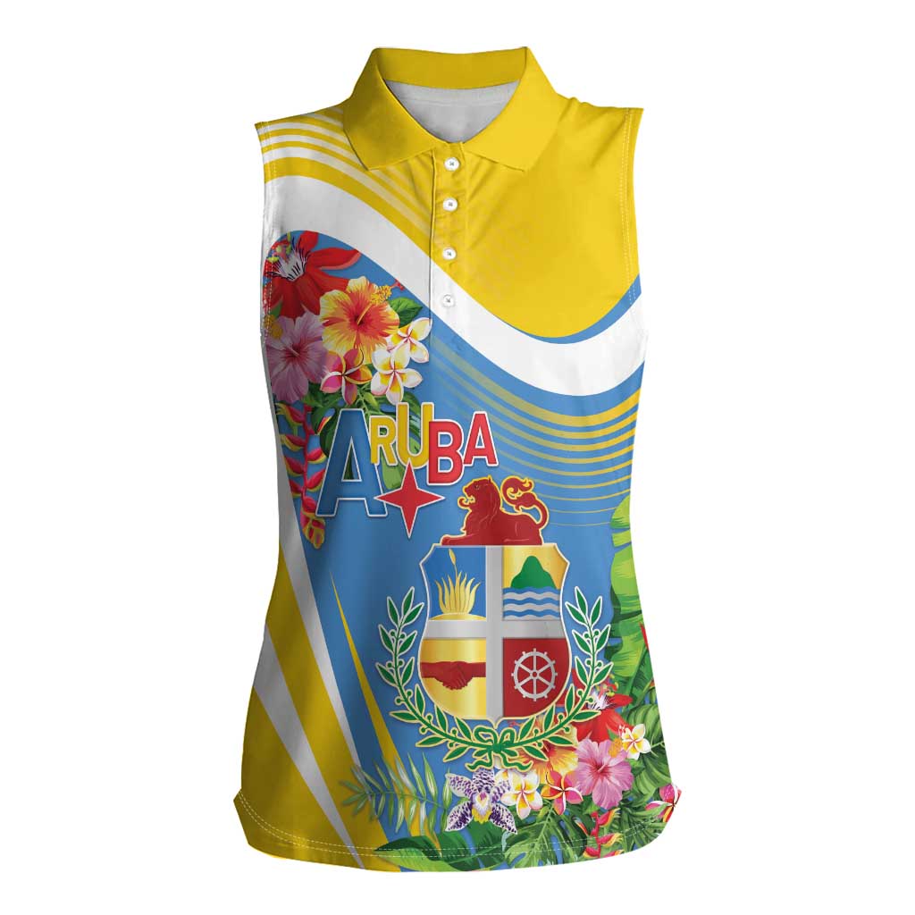 Aruba Women Sleeveless Polo Shirt Coat Of Arms With Tropical Flowers