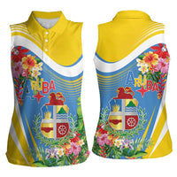 Aruba Women Sleeveless Polo Shirt Coat Of Arms With Tropical Flowers