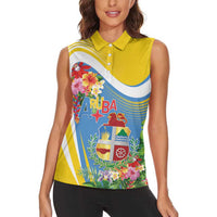 Aruba Women Sleeveless Polo Shirt Coat Of Arms With Tropical Flowers