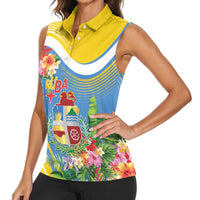 Aruba Women Sleeveless Polo Shirt Coat Of Arms With Tropical Flowers