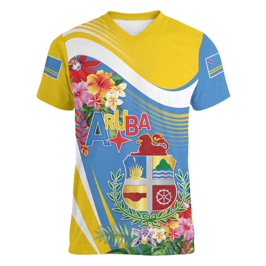 Aruba Women V-Neck T-Shirt Coat Of Arms With Tropical Flowers