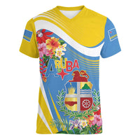 Aruba Women V-Neck T-Shirt Coat Of Arms With Tropical Flowers