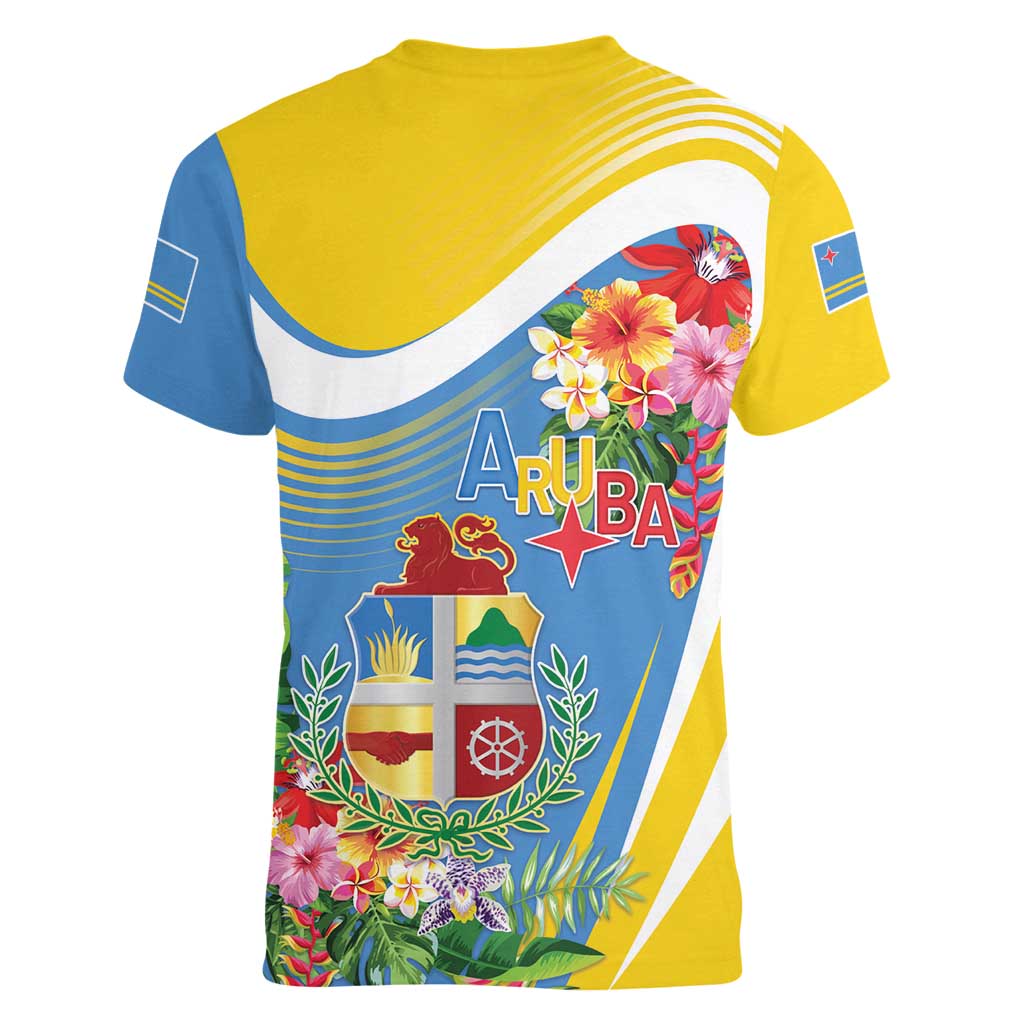 Aruba Women V-Neck T-Shirt Coat Of Arms With Tropical Flowers