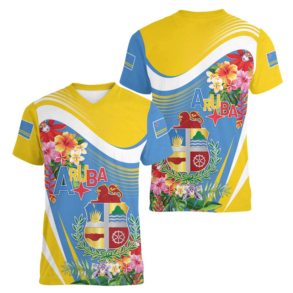 Aruba Women V-Neck T-Shirt Coat Of Arms With Tropical Flowers