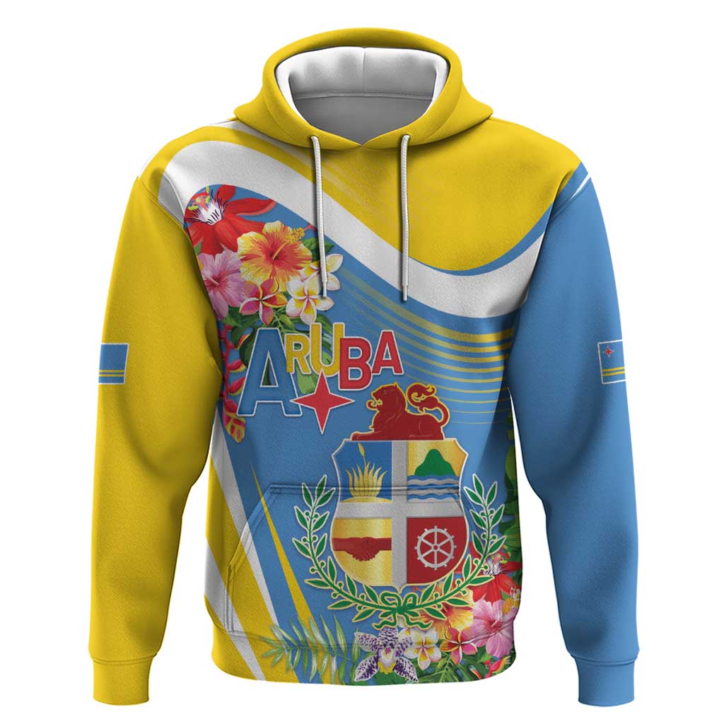 Aruba Zip Hoodie Coat Of Arms With Tropical Flowers