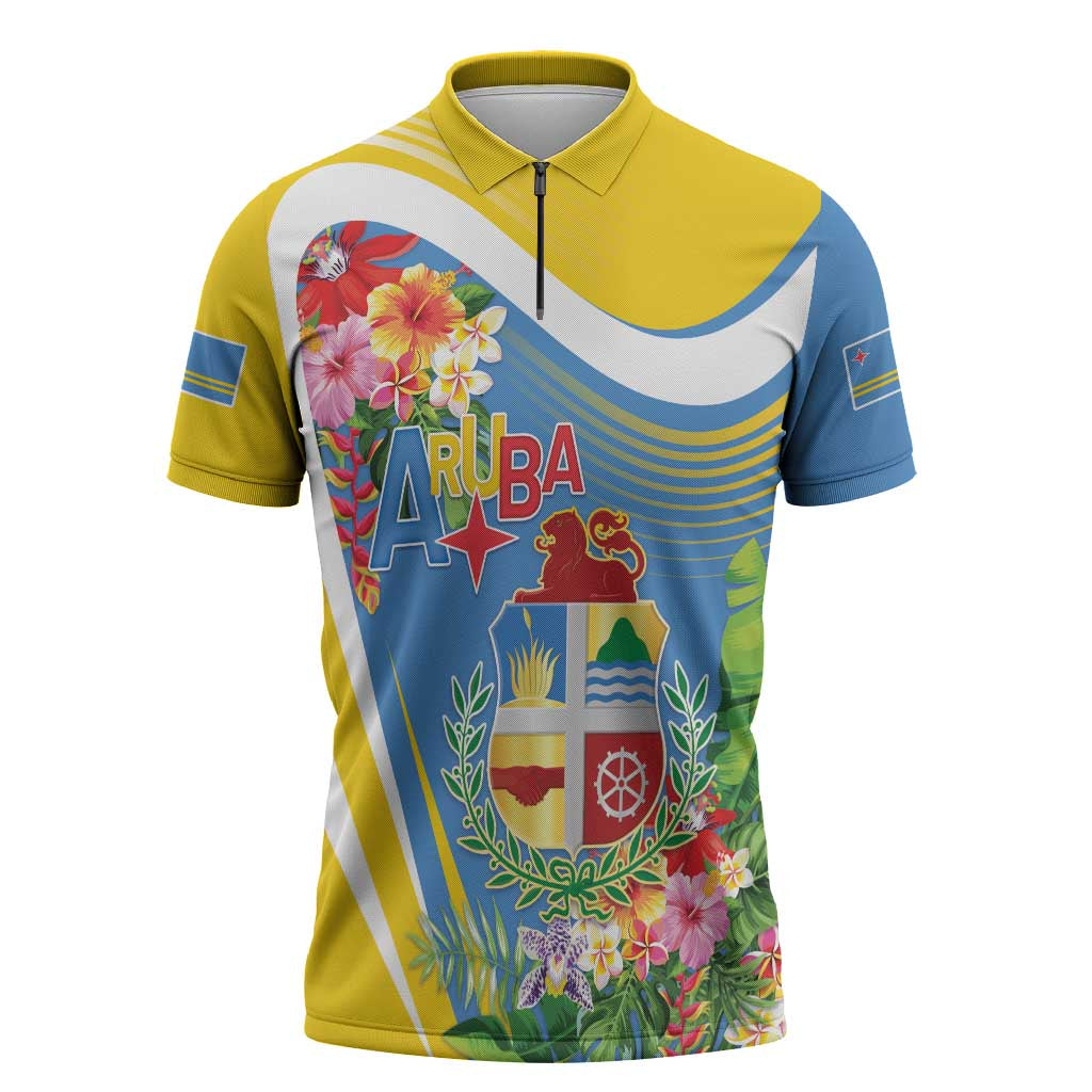 Aruba Zipper Polo Shirt Coat Of Arms With Tropical Flowers