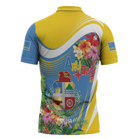 Aruba Zipper Polo Shirt Coat Of Arms With Tropical Flowers