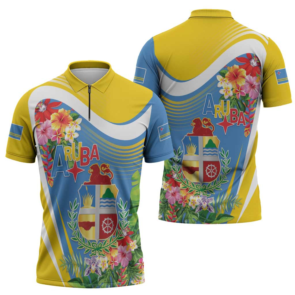 Aruba Zipper Polo Shirt Coat Of Arms With Tropical Flowers