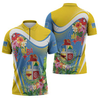 Aruba Zipper Polo Shirt Coat Of Arms With Tropical Flowers
