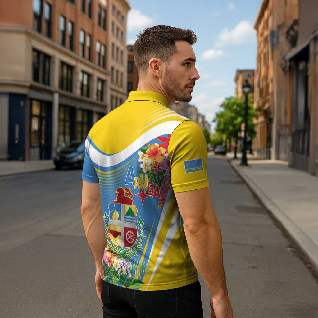 Aruba Zipper Polo Shirt Coat Of Arms With Tropical Flowers