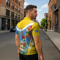 Aruba Zipper Polo Shirt Coat Of Arms With Tropical Flowers