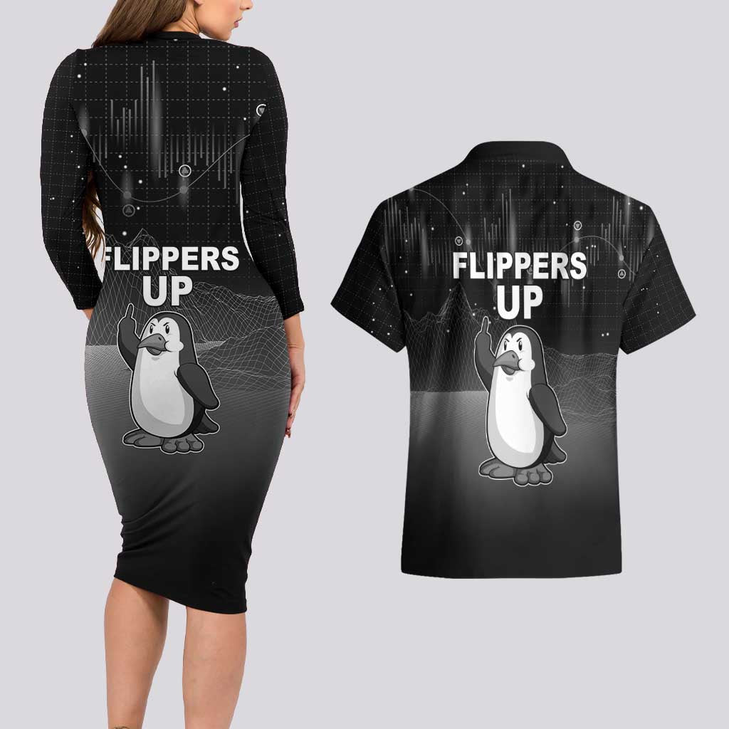 Funny Penguin Resist Couples Matching Long Sleeve Bodycon Dress and Hawaiian Shirt Flippers Up I Stand With Penguins