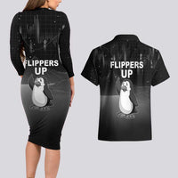 Funny Penguin Resist Couples Matching Long Sleeve Bodycon Dress and Hawaiian Shirt Flippers Up I Stand With Penguins