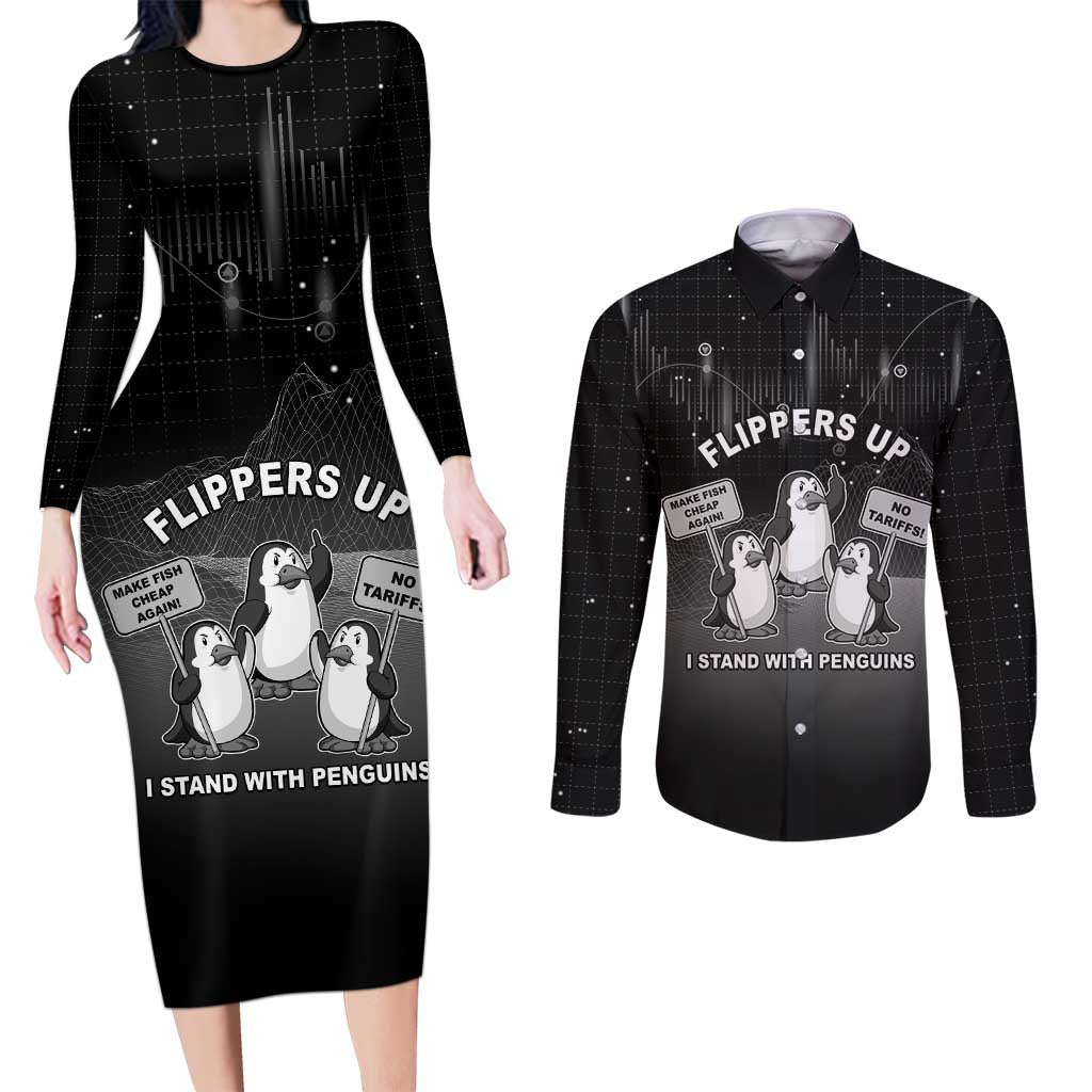 Funny Penguin Resist Couples Matching Long Sleeve Bodycon Dress and Long Sleeve Button Shirt Flippers Up I Stand With Penguins