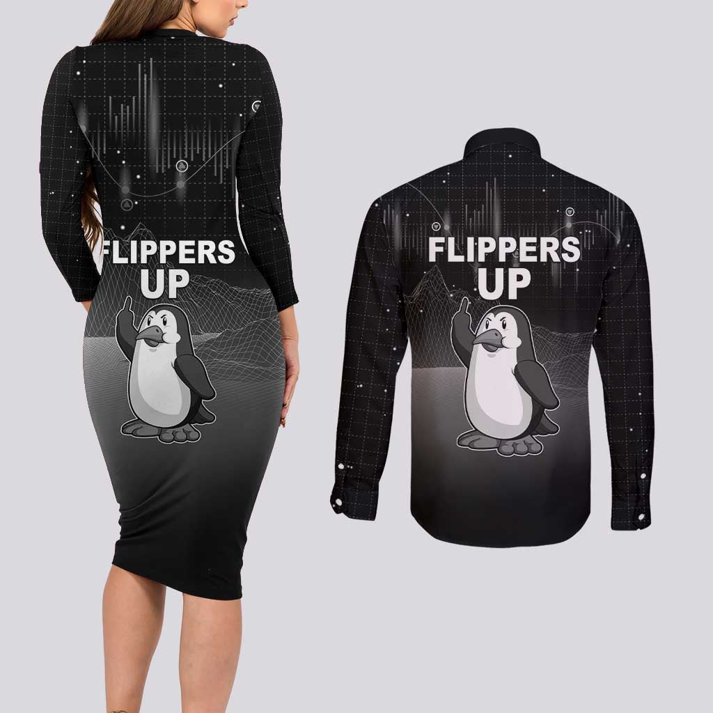 Funny Penguin Resist Couples Matching Long Sleeve Bodycon Dress and Long Sleeve Button Shirt Flippers Up I Stand With Penguins