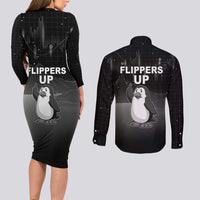 Funny Penguin Resist Couples Matching Long Sleeve Bodycon Dress and Long Sleeve Button Shirt Flippers Up I Stand With Penguins