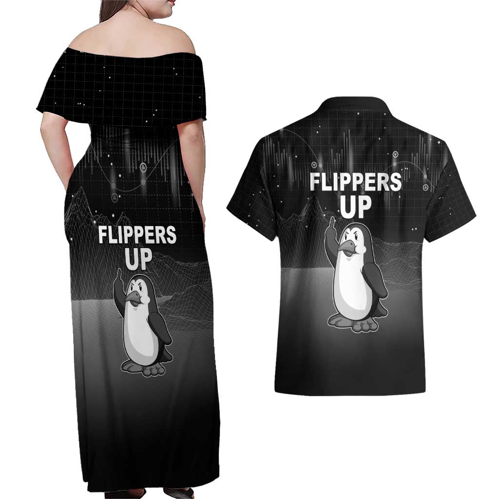Funny Penguin Resist Couples Matching Off Shoulder Maxi Dress and Hawaiian Shirt Flippers Up I Stand With Penguins
