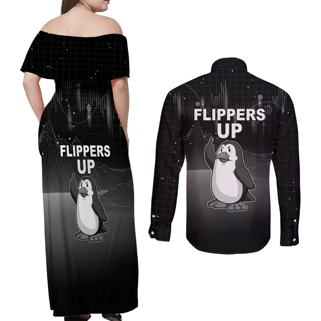 Funny Penguin Resist Couples Matching Off Shoulder Maxi Dress and Long Sleeve Button Shirt Flippers Up I Stand With Penguins