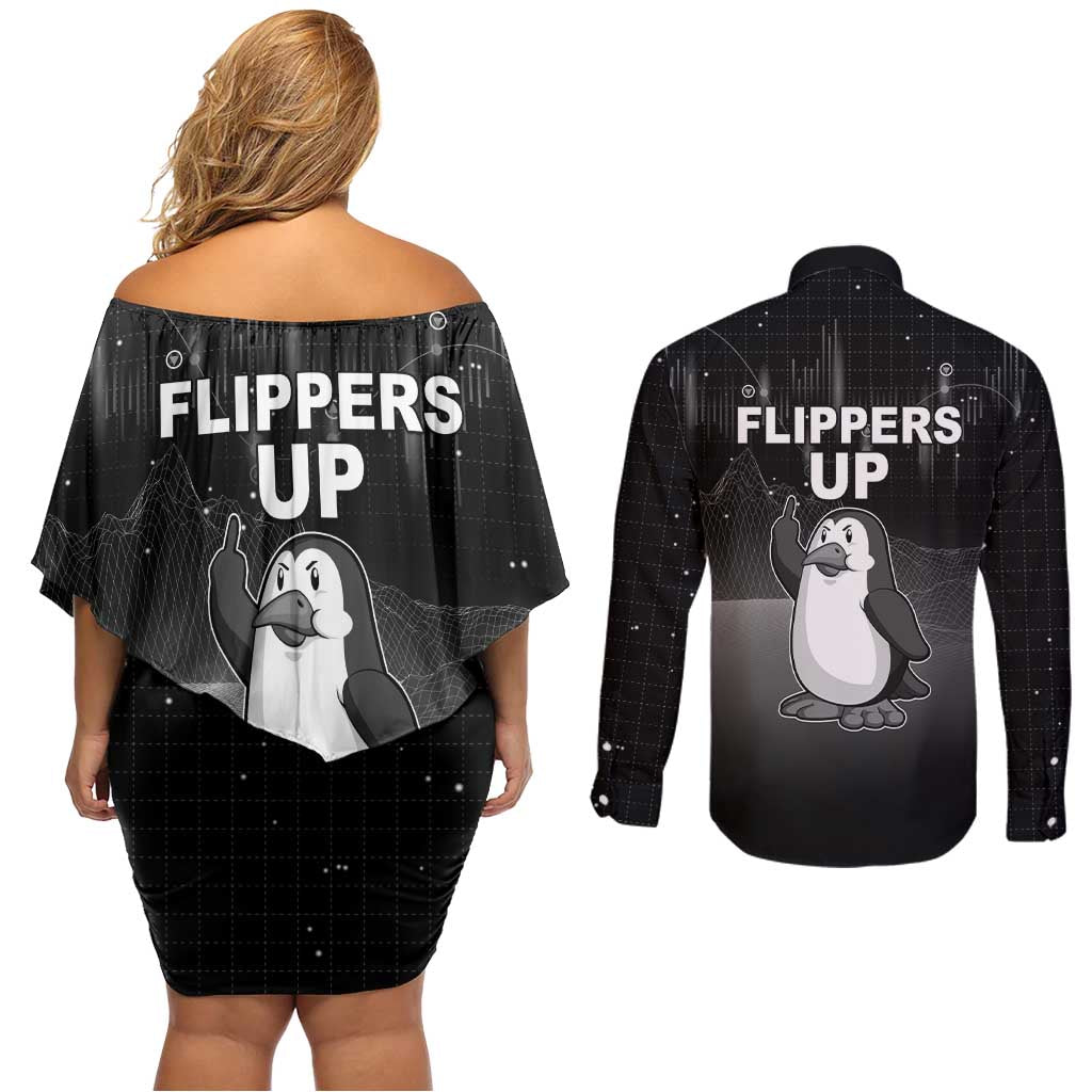 Funny Penguin Resist Couples Matching Off Shoulder Short Dress and Long Sleeve Button Shirt Flippers Up I Stand With Penguins