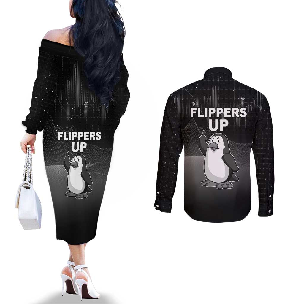 Funny Penguin Resist Couples Matching Off The Shoulder Long Sleeve Dress and Long Sleeve Button Shirt Flippers Up I Stand With Penguins