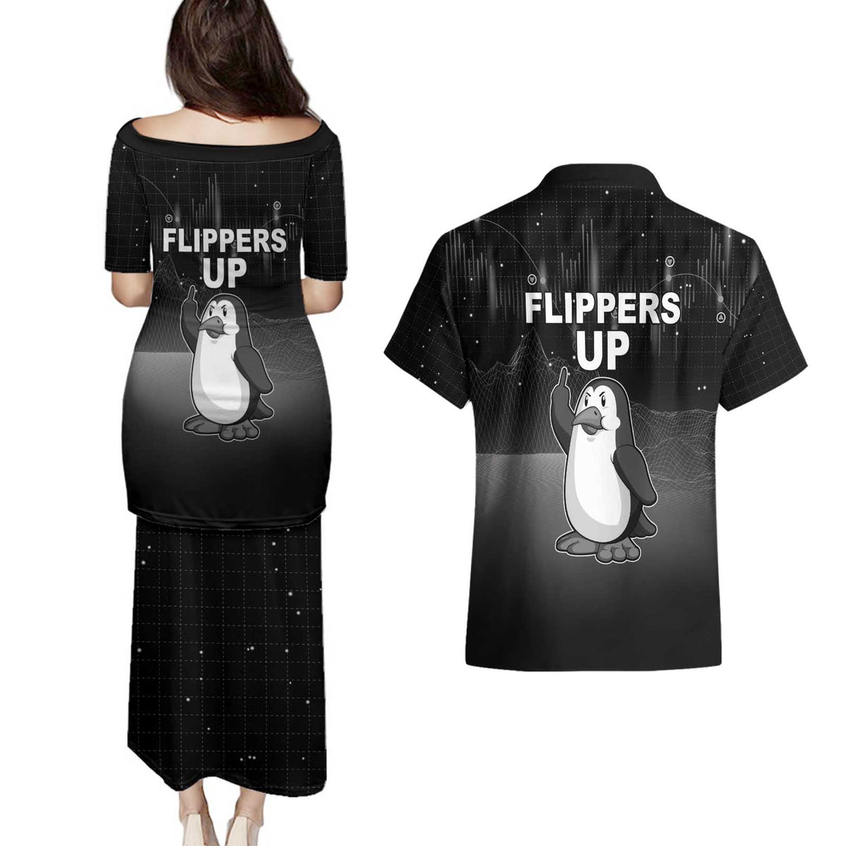 Funny Penguin Resist Couples Matching Puletasi and Hawaiian Shirt Flippers Up I Stand With Penguins