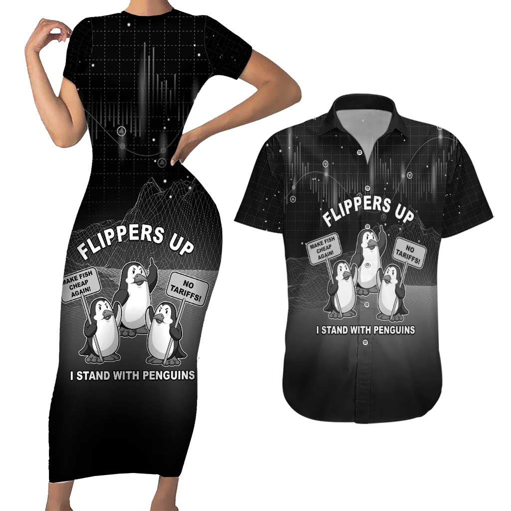 Funny Penguin Resist Couples Matching Short Sleeve Bodycon Dress and Hawaiian Shirt Flippers Up I Stand With Penguins