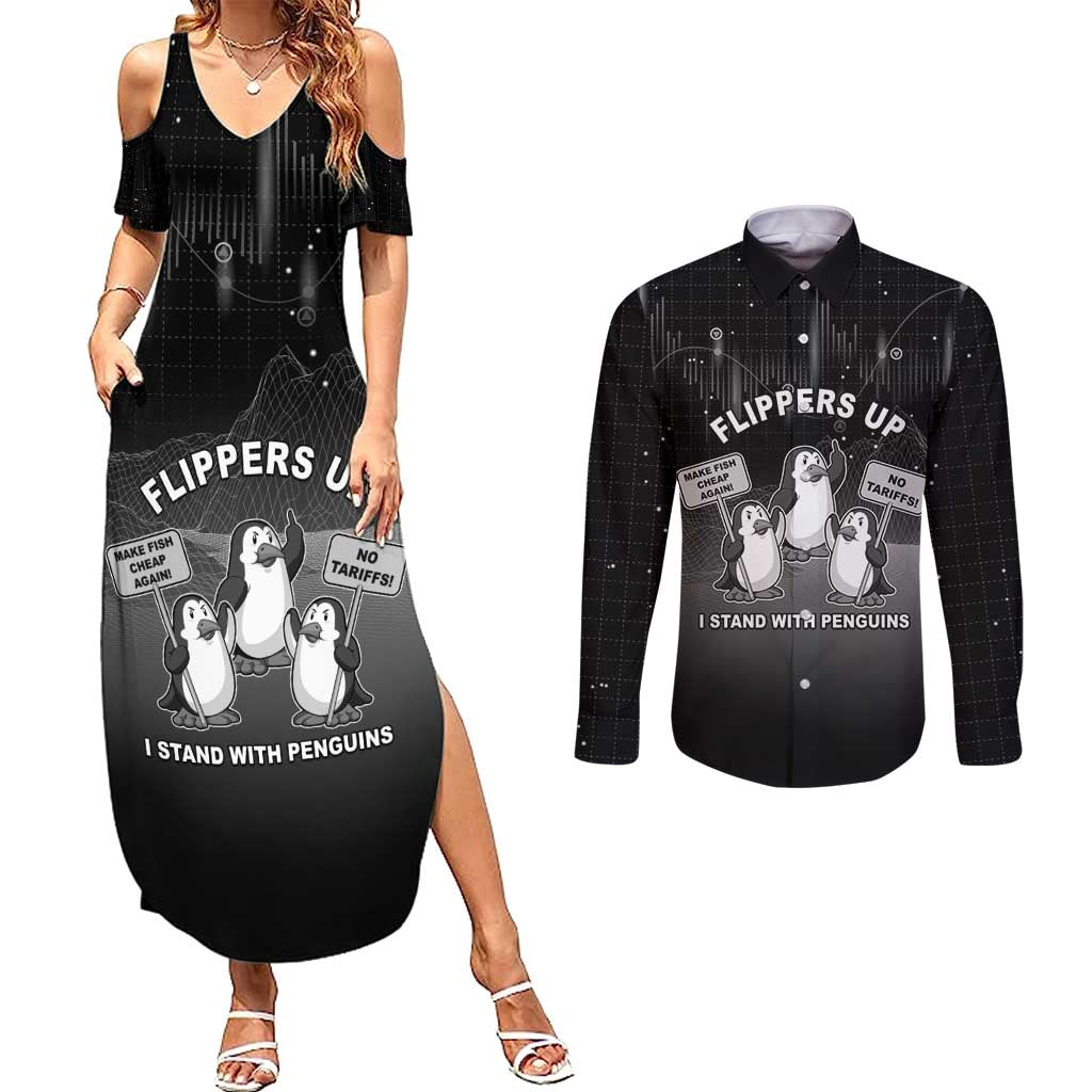 Funny Penguin Resist Couples Matching Summer Maxi Dress and Long Sleeve Button Shirt Flippers Up I Stand With Penguins