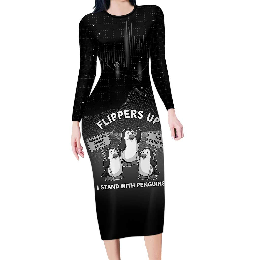 Funny Penguin Resist Long Sleeve Bodycon Dress Flippers Up I Stand With Penguins