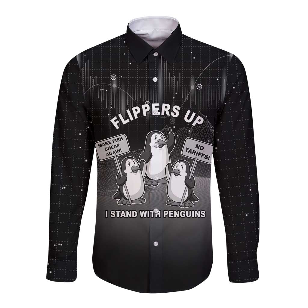 Funny Penguin Resist Long Sleeve Button Shirt Flippers Up I Stand With Penguins