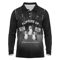Funny Penguin Resist Long Sleeve Polo Shirt Flippers Up I Stand With Penguins