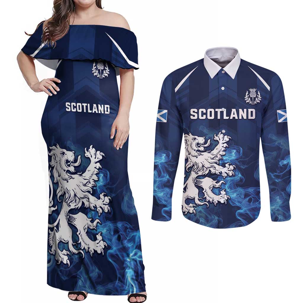 Scotland Rugby Custom Couples Matching Off Shoulder Maxi Dress and Long Sleeve Button Shirt Go Scottish Thistle Unique Style