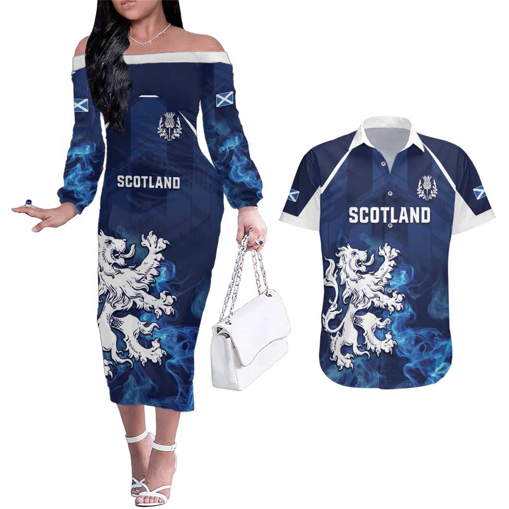 Scotland Rugby Custom Couples Matching Off The Shoulder Long Sleeve Dress and Hawaiian Shirt Go Scottish Thistle Unique Style