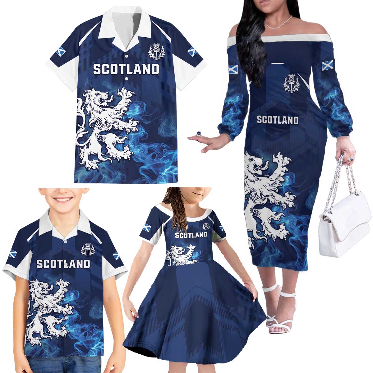 Scotland Rugby Custom Family Matching Off The Shoulder Long Sleeve Dress and Hawaiian Shirt Go Scottish Thistle Unique Style