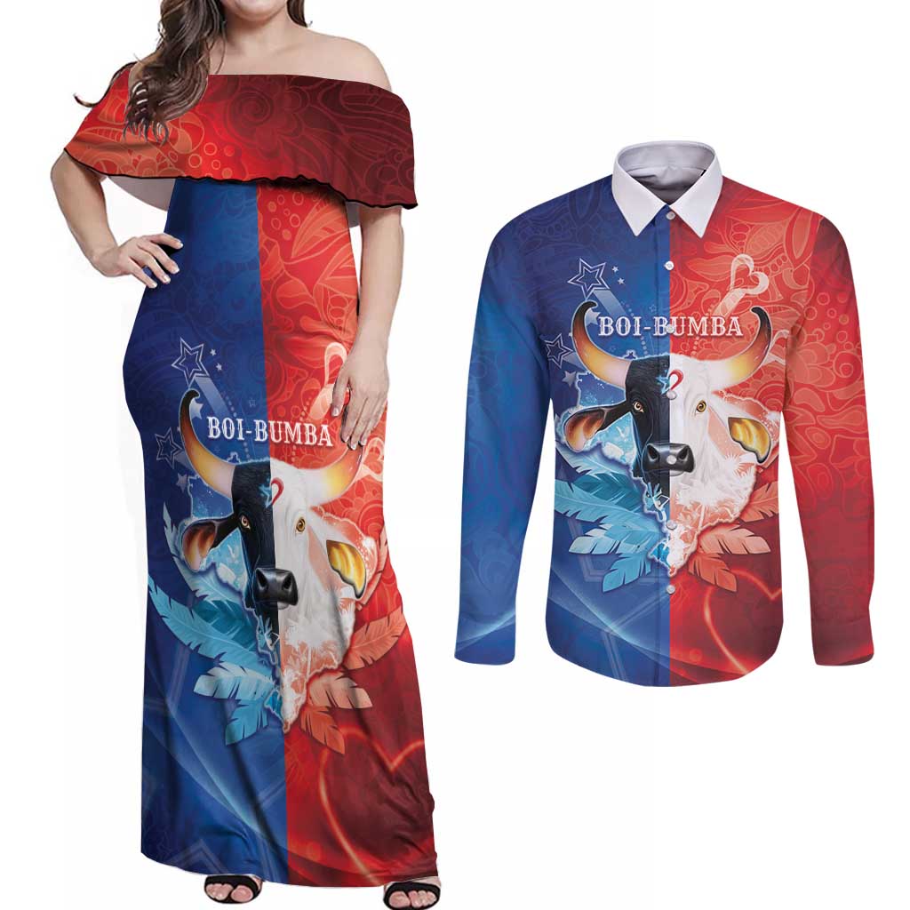 Personalized Brazil Folklore Festival Couples Matching Off Shoulder Maxi Dress and Long Sleeve Button Shirt Boi Bumba - Wonder Print Shop