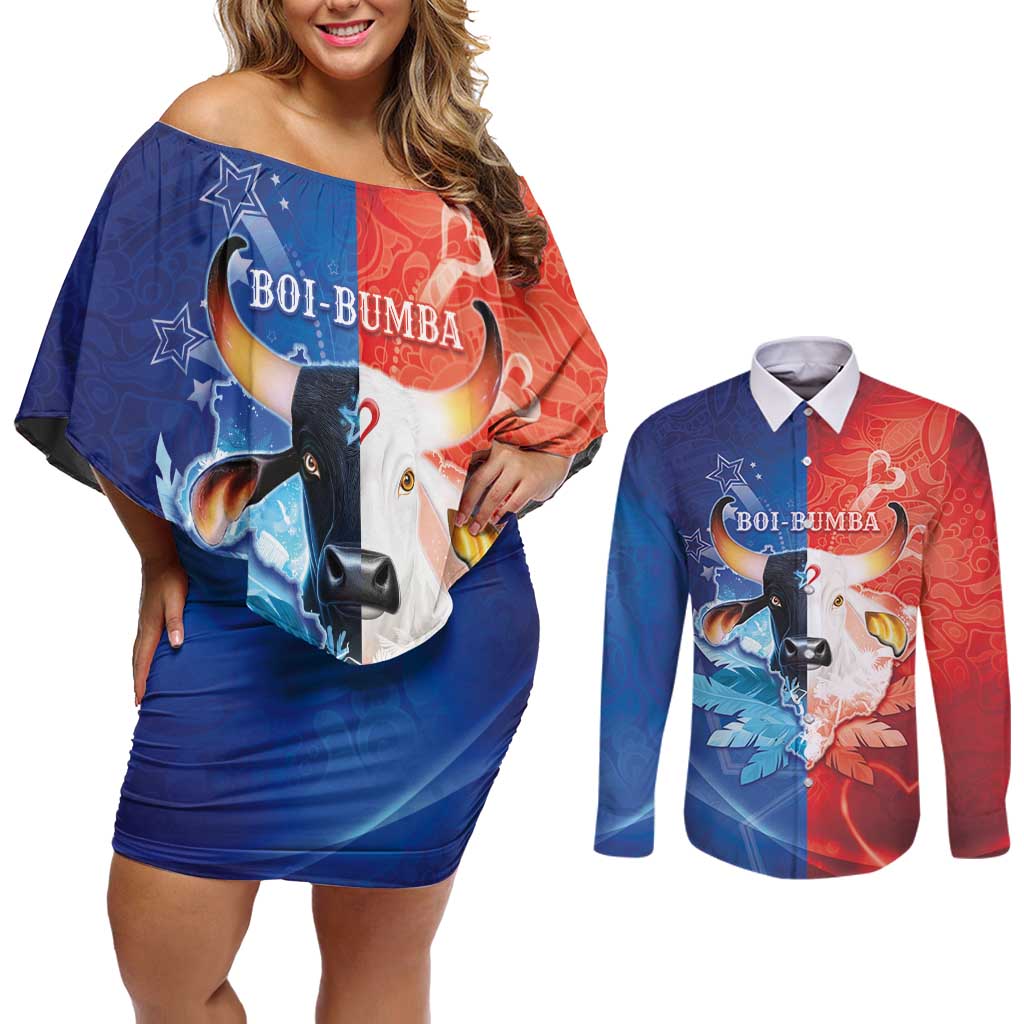 Personalized Brazil Folklore Festival Couples Matching Off Shoulder Short Dress and Long Sleeve Button Shirt Boi Bumba - Wonder Print Shop