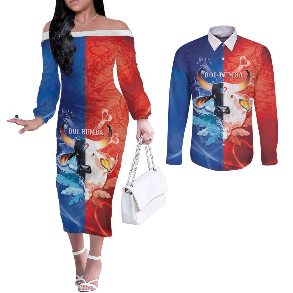 Personalized Brazil Folklore Festival Couples Matching Off The Shoulder Long Sleeve Dress and Long Sleeve Button Shirt Boi Bumba - Wonder Print Shop