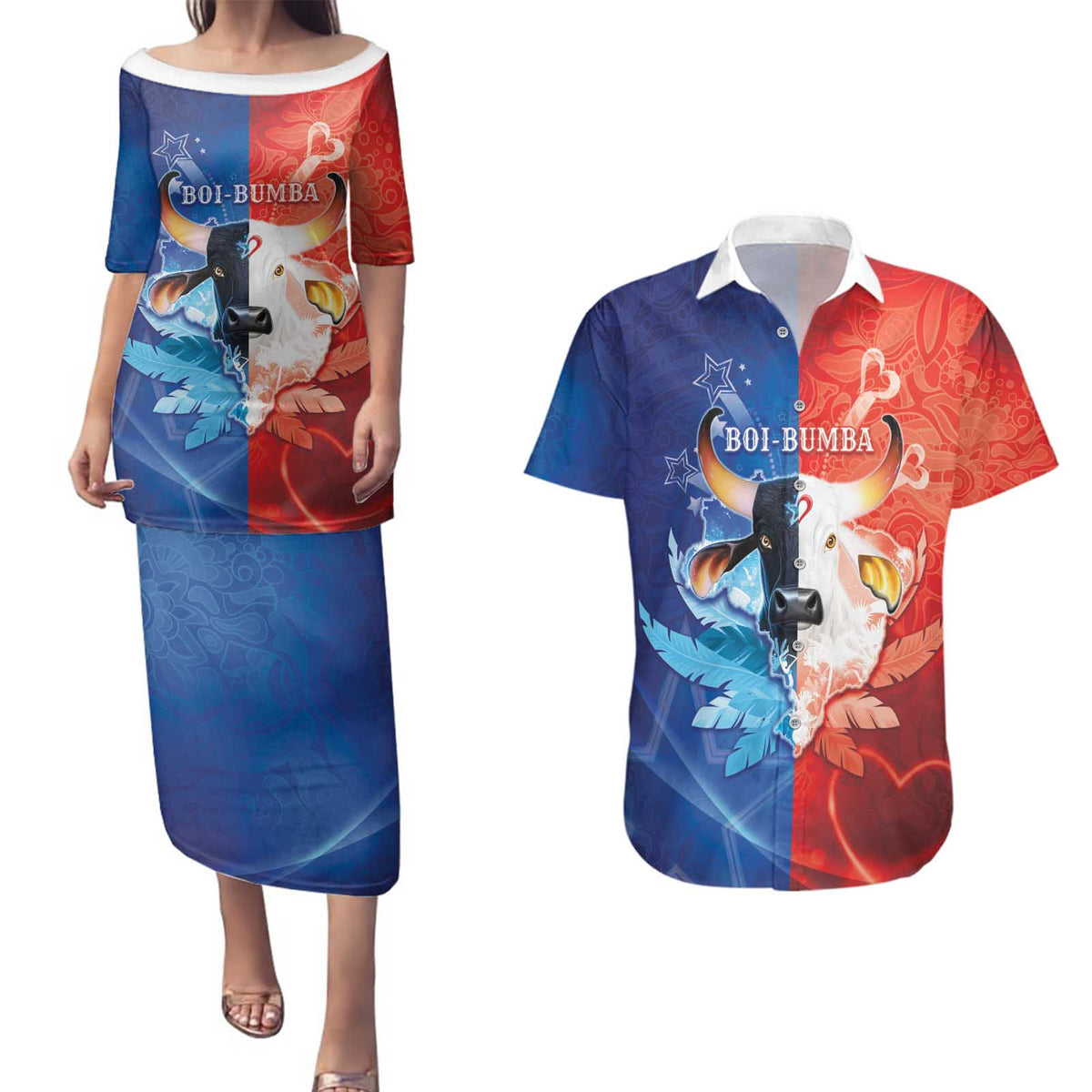 Personalized Brazil Folklore Festival Couples Matching Puletasi and Hawaiian Shirt Boi Bumba - Wonder Print Shop