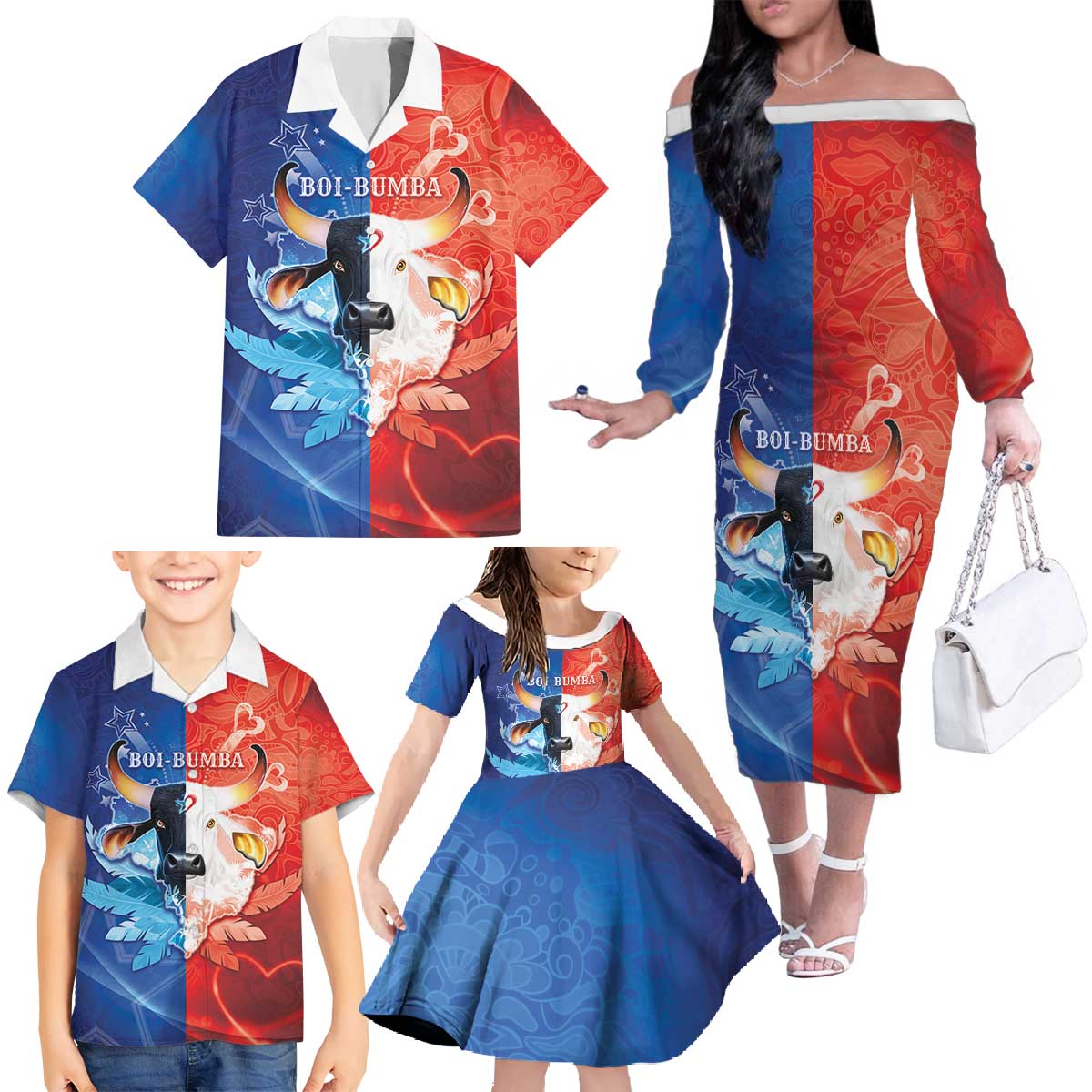 Personalized Brazil Folklore Festival Family Matching Off The Shoulder Long Sleeve Dress and Hawaiian Shirt Boi Bumba - Wonder Print Shop