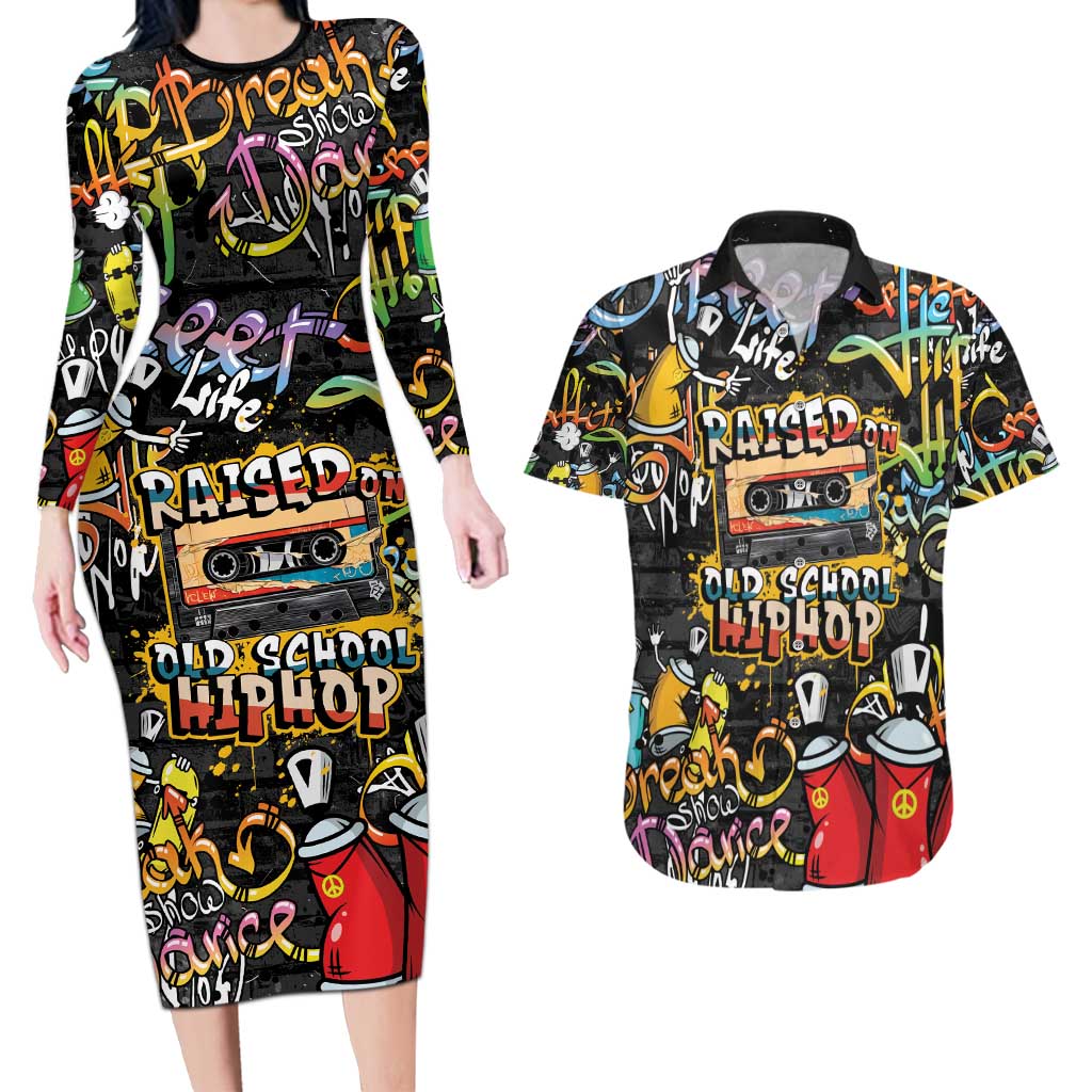 Raised On Hip Hop Couples Matching Long Sleeve Bodycon Dress and Hawaiian Shirt Graffiti Art Style - Wonder Print Shop