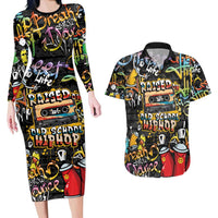 Raised On Hip Hop Couples Matching Long Sleeve Bodycon Dress and Hawaiian Shirt Graffiti Art Style - Wonder Print Shop