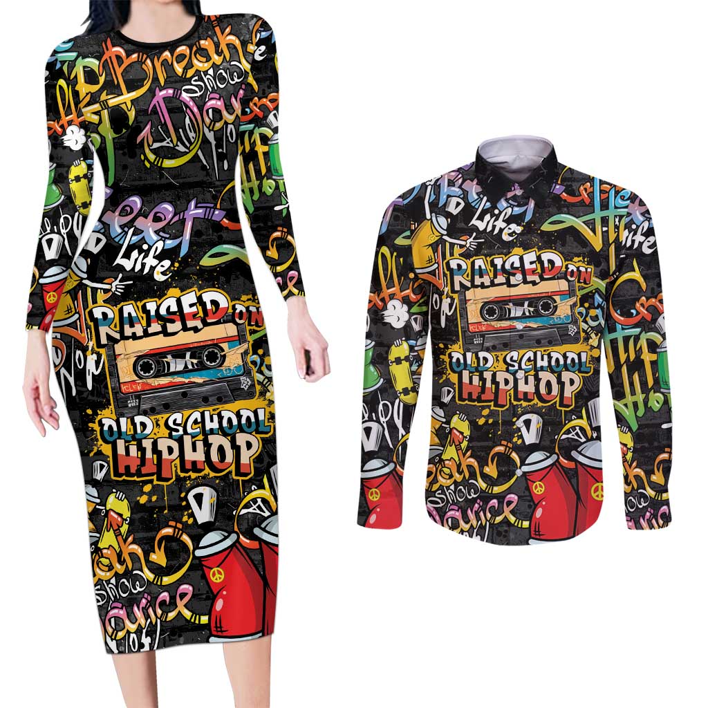 Raised On Hip Hop Couples Matching Long Sleeve Bodycon Dress and Long Sleeve Button Shirt Graffiti Art Style - Wonder Print Shop