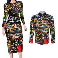 Raised On Hip Hop Couples Matching Long Sleeve Bodycon Dress and Long Sleeve Button Shirt Graffiti Art Style - Wonder Print Shop