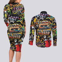 Raised On Hip Hop Couples Matching Long Sleeve Bodycon Dress and Long Sleeve Button Shirt Graffiti Art Style - Wonder Print Shop