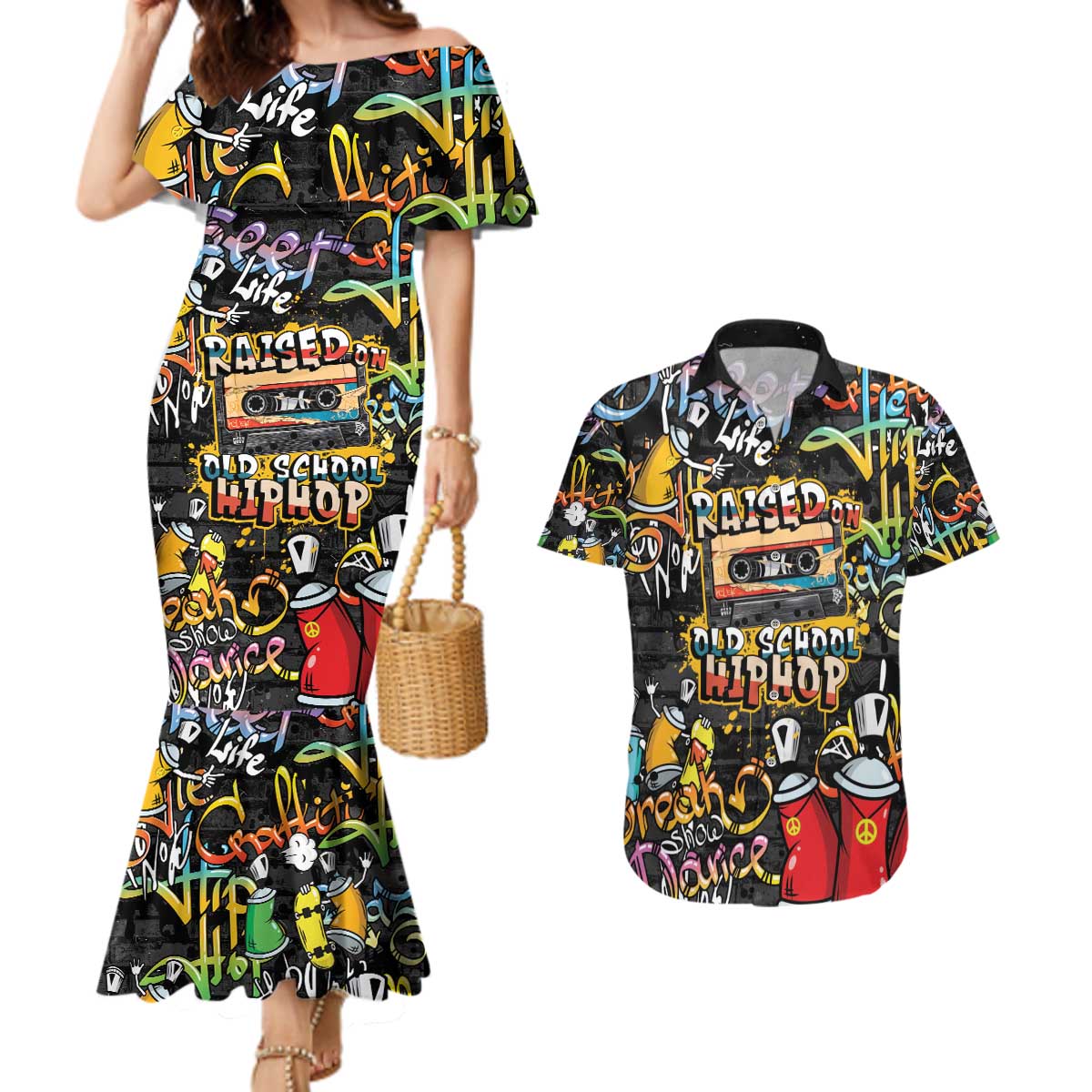 Raised On Hip Hop Couples Matching Mermaid Dress and Hawaiian Shirt Graffiti Art Style - Wonder Print Shop