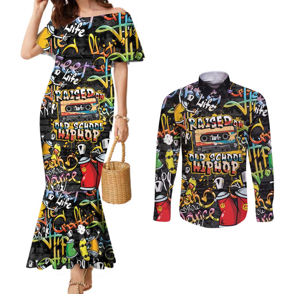 Raised On Hip Hop Couples Matching Mermaid Dress and Long Sleeve Button Shirt Graffiti Art Style - Wonder Print Shop