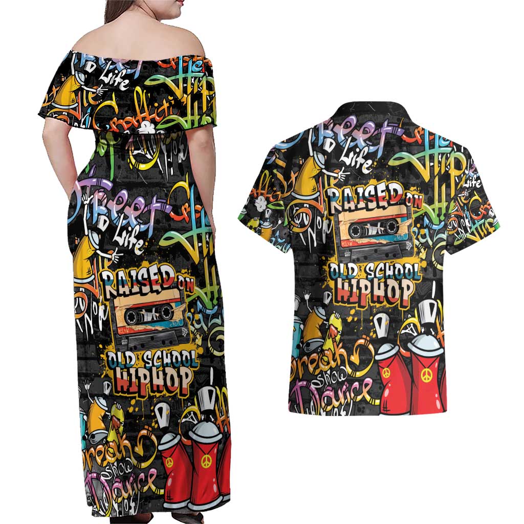 Raised On Hip Hop Couples Matching Off Shoulder Maxi Dress and Hawaiian Shirt Graffiti Art Style - Wonder Print Shop