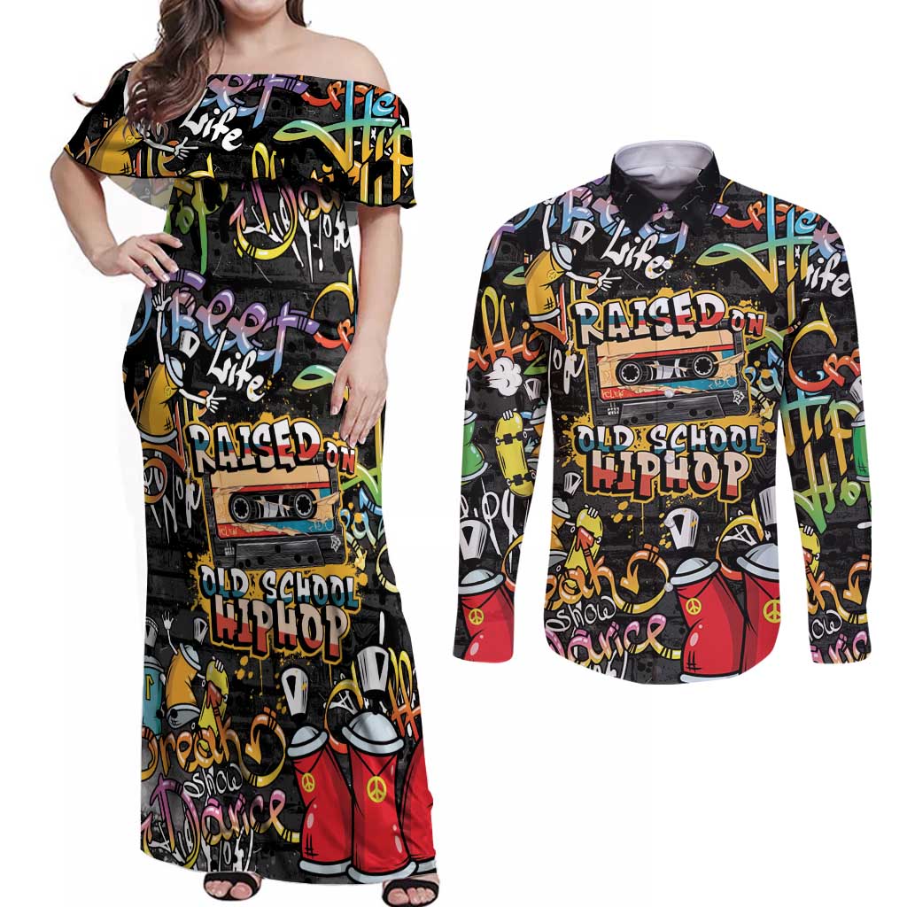 Raised On Hip Hop Couples Matching Off Shoulder Maxi Dress and Long Sleeve Button Shirt Graffiti Art Style - Wonder Print Shop