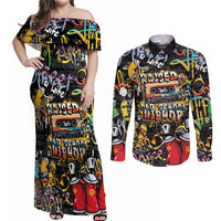 Raised On Hip Hop Couples Matching Off Shoulder Maxi Dress and Long Sleeve Button Shirt Graffiti Art Style - Wonder Print Shop