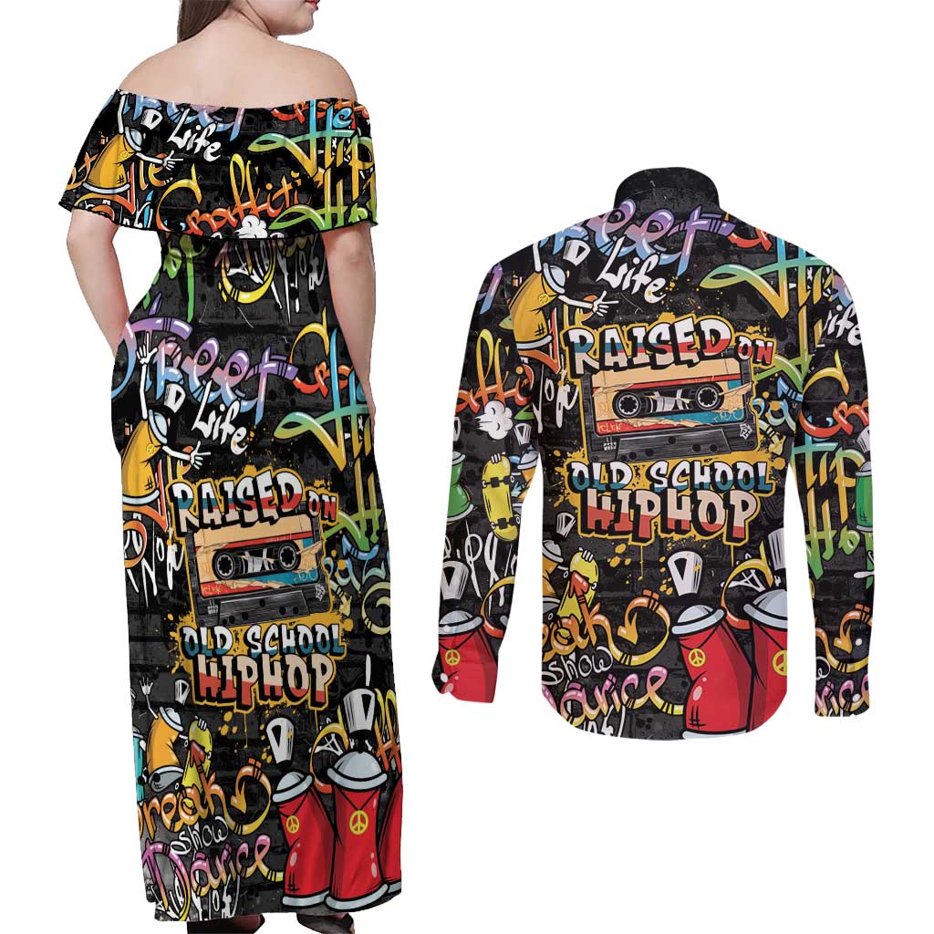 Raised On Hip Hop Couples Matching Off Shoulder Maxi Dress and Long Sleeve Button Shirt Graffiti Art Style - Wonder Print Shop