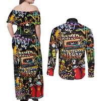 Raised On Hip Hop Couples Matching Off Shoulder Maxi Dress and Long Sleeve Button Shirt Graffiti Art Style - Wonder Print Shop